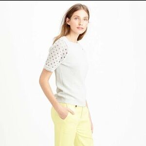 J. Crew Navy Blue Knit Eyelet Lace Sleeve Cotton Sweater XS